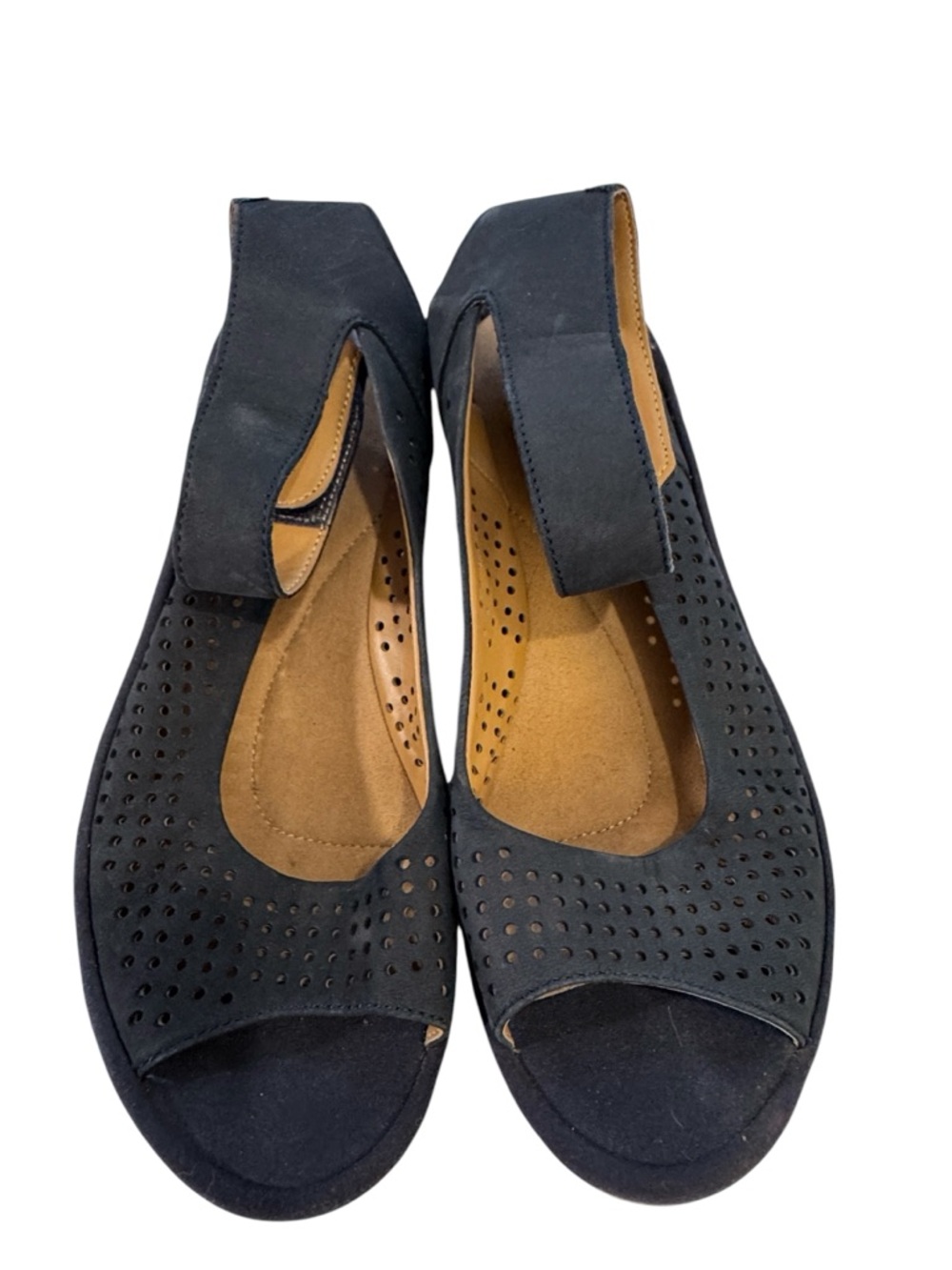 Clarks Cushion Wedge Sandals Navy Perforated Leather 7 Boho Comfort Peep Toe